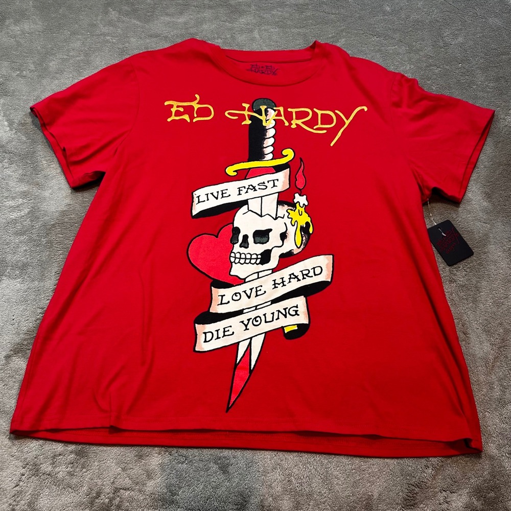 Ed Hardy Mens XL Red Live Fast Love Hard Die Young Skull Dagger Emo Skate